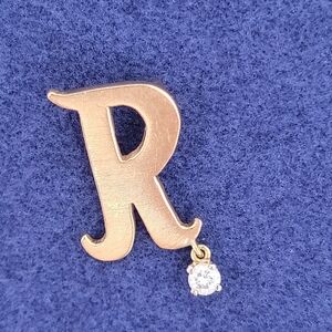 Vintage 18k Gold R Monogram Initial Pendant With Floating Diamond